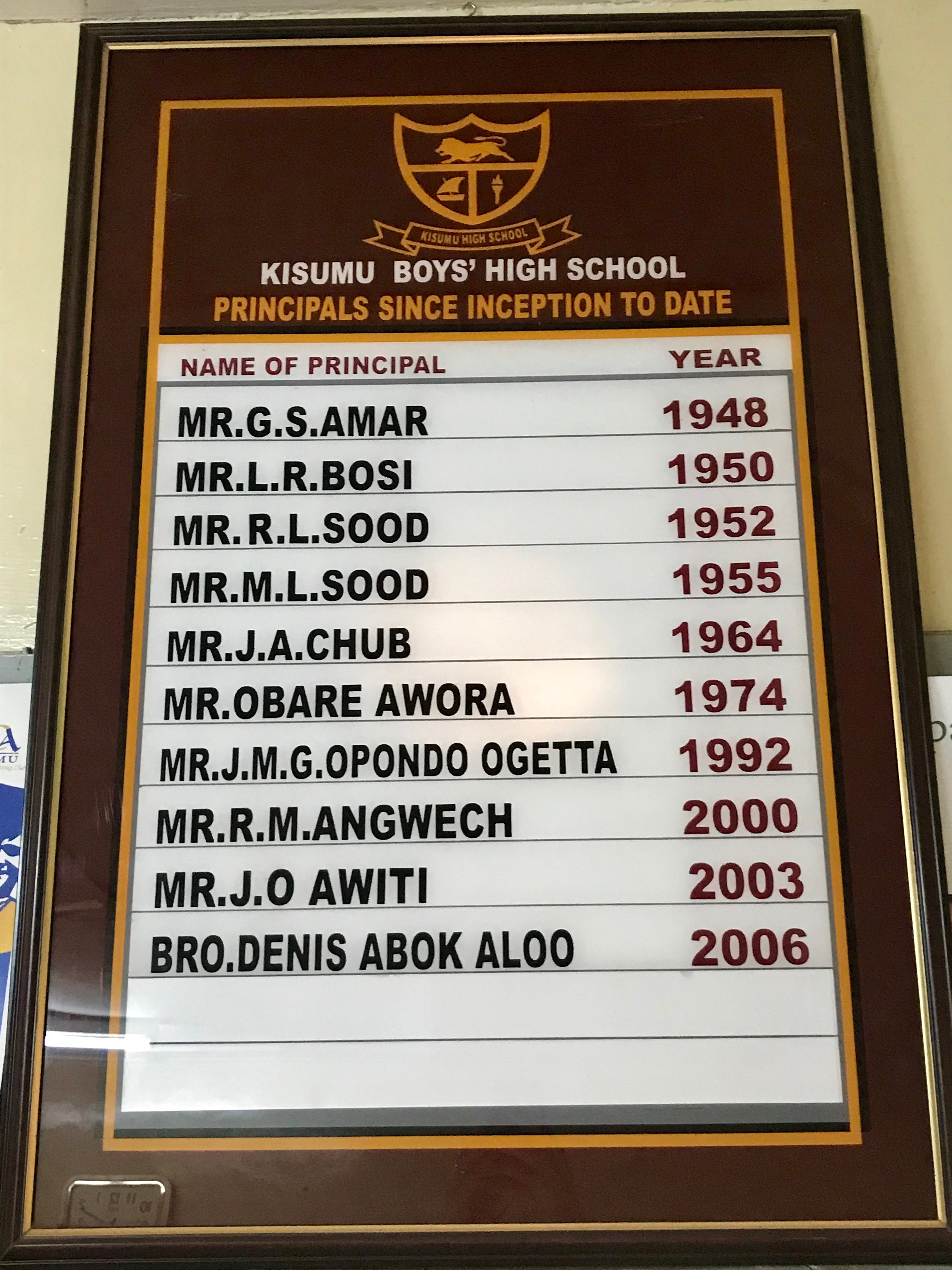 List of Principals who have headed Kisumu Boys in the past